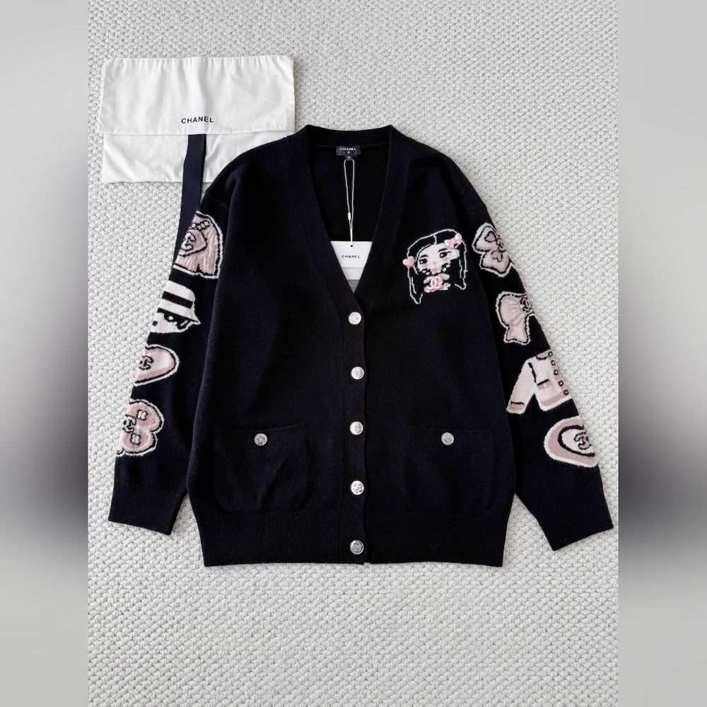 Chanel Black Knit Cardigan Cartoon Embroidery Plays Up Luxury Childlike Style